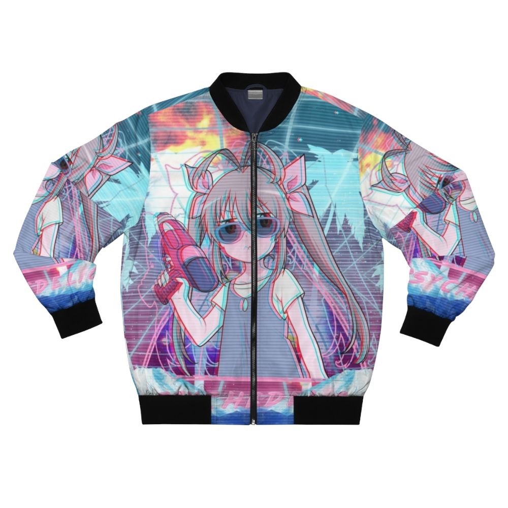 Psychedelic bomber jacket with anime-inspired design, featuring blue and pink colors, twin tails, and synthwave/vaporwave elements.