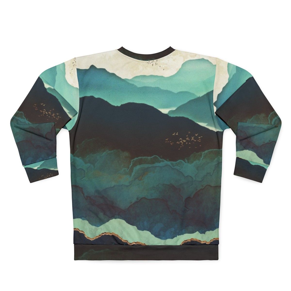 Indigo Mountains Sweatshirt with Serene Nature Landscape Graphic - Back