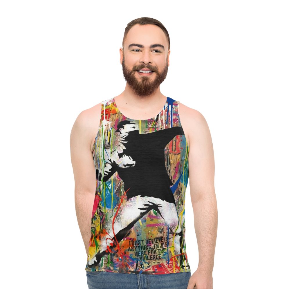 Colorful flower thrower pop art graphic on unisex tank top - men