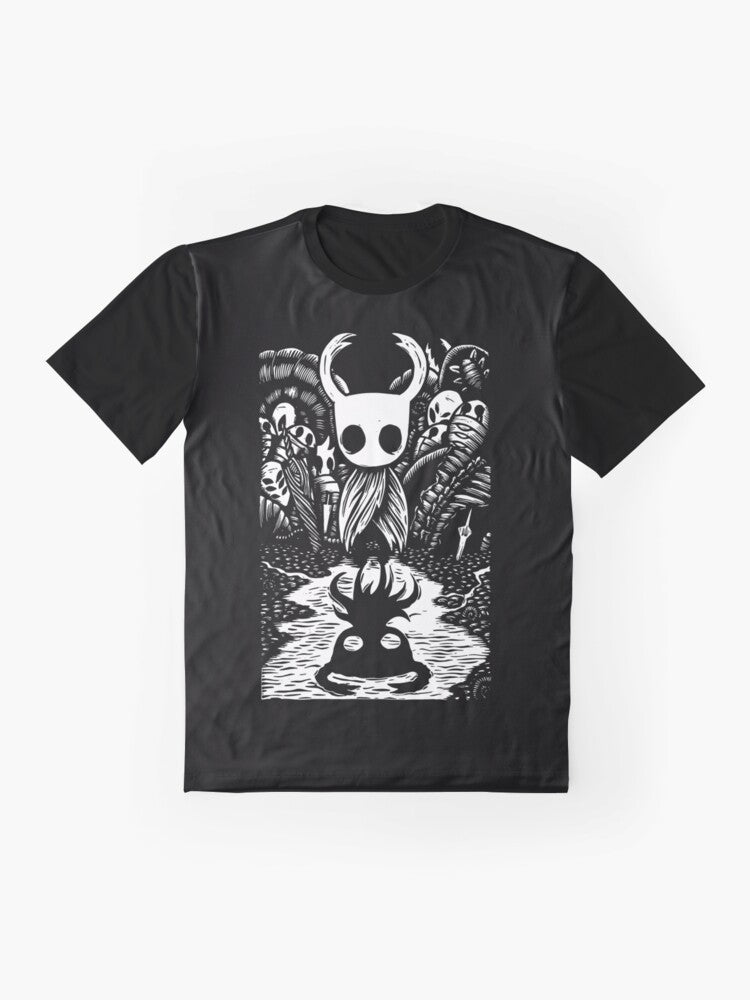 Graphic t-shirt design featuring the protagonist from the video game Hollow Knight - Flat lay