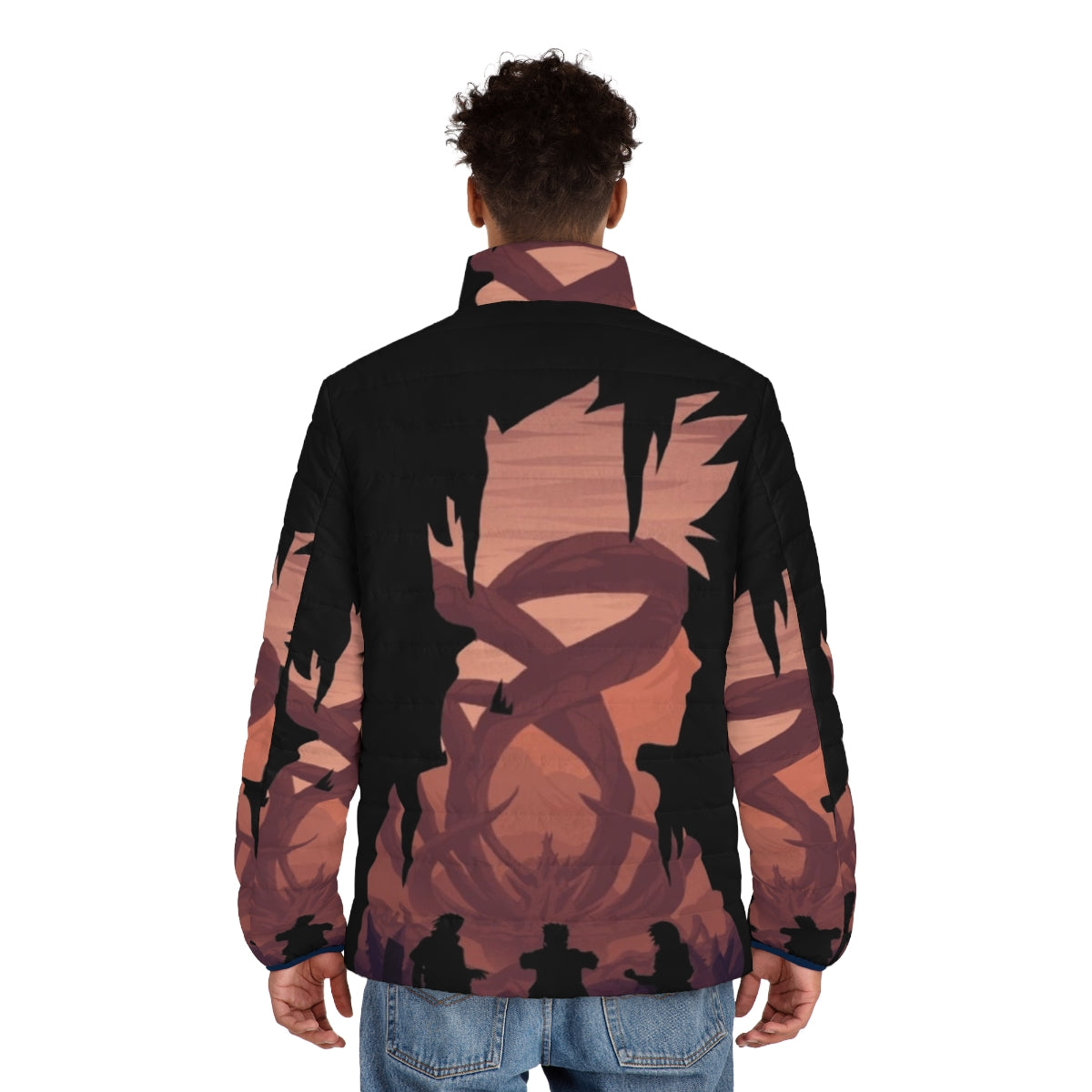 Anime Manga Hero Puffer Jacket featuring Naruto inspired graphic design - men back