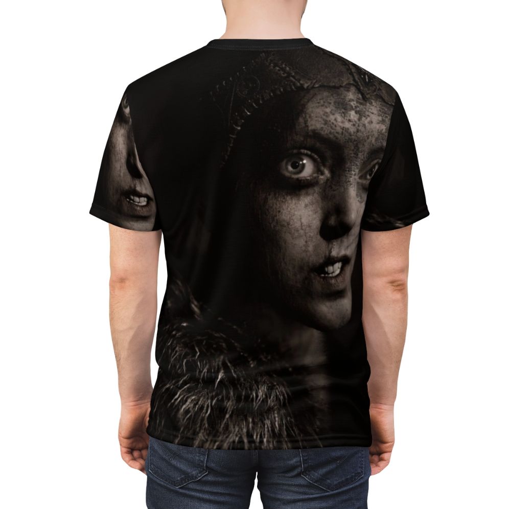 Model wearing a high-quality t-shirt featuring a dark fantasy design inspired by the Hellblade: Senua's Sacrifice video game. - men back