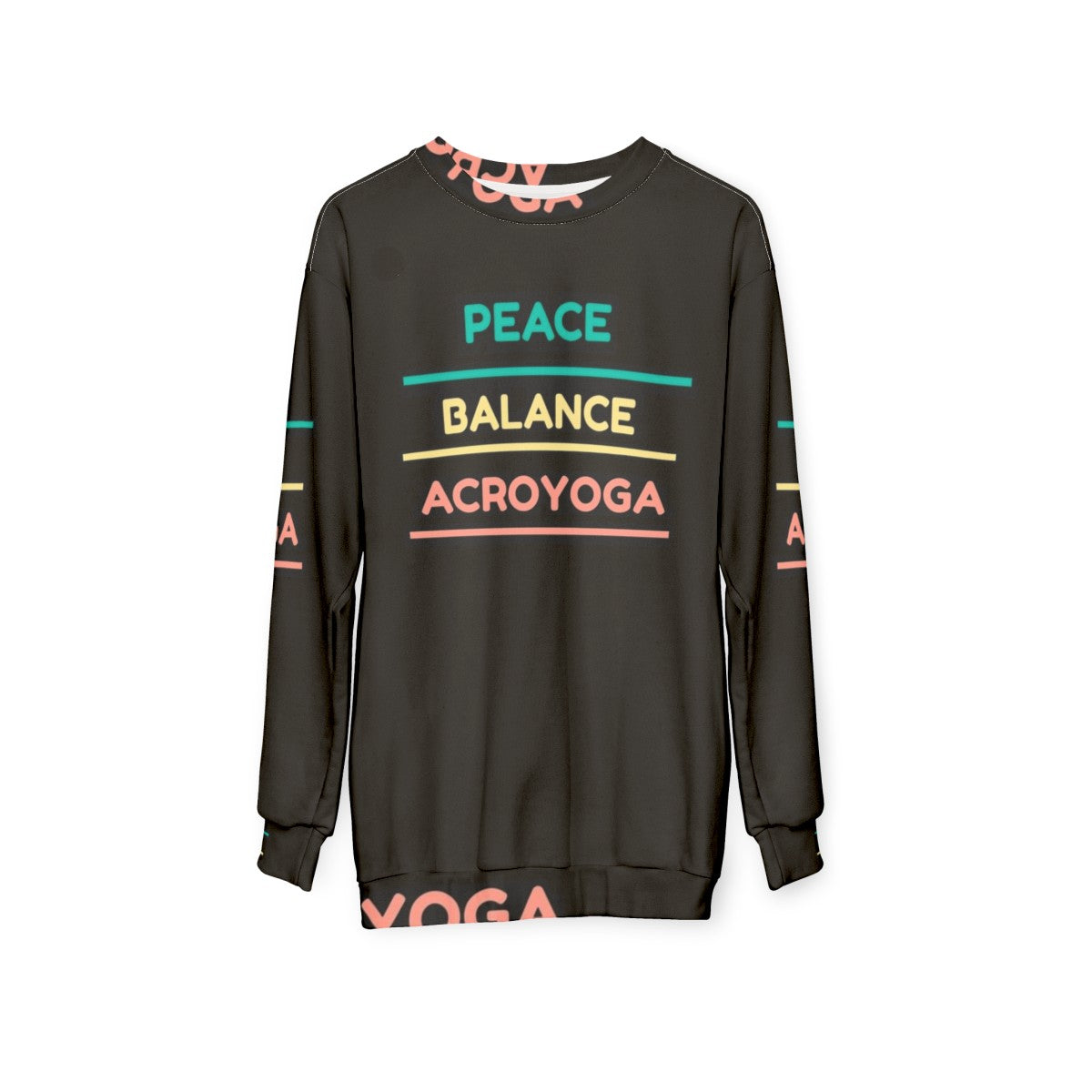 Acro yoga sweatshirt with peace, balance, and trust graphics - hanging