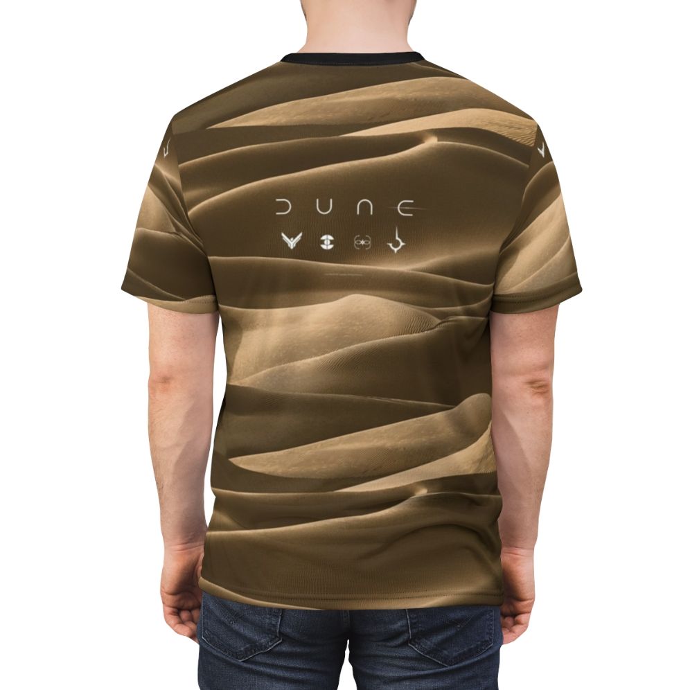 Stylized Dune faction design t-shirt featuring the Atreides, Fremen, Bene Gesserit, and Harkonnen symbols - men back