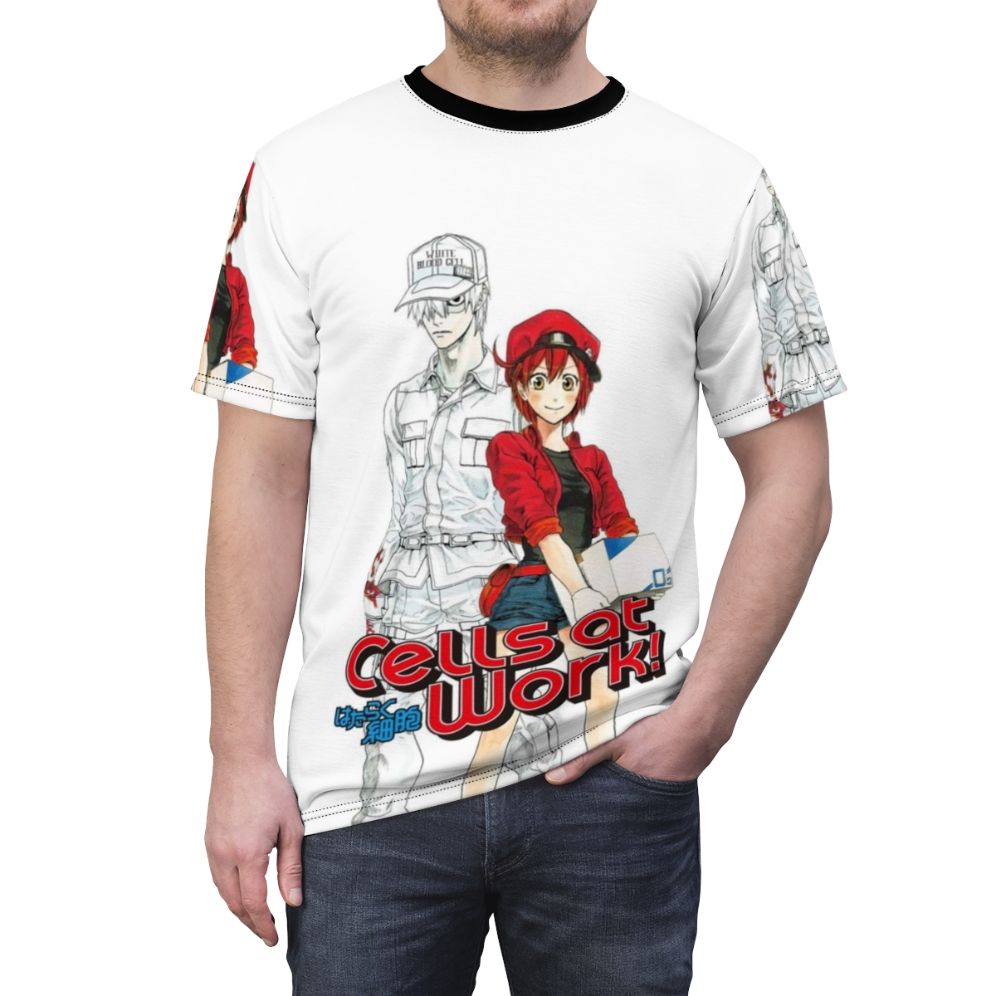 Illustrated t-shirt design featuring anime-style cells from the "Cells at Work" manga and anime series - men front