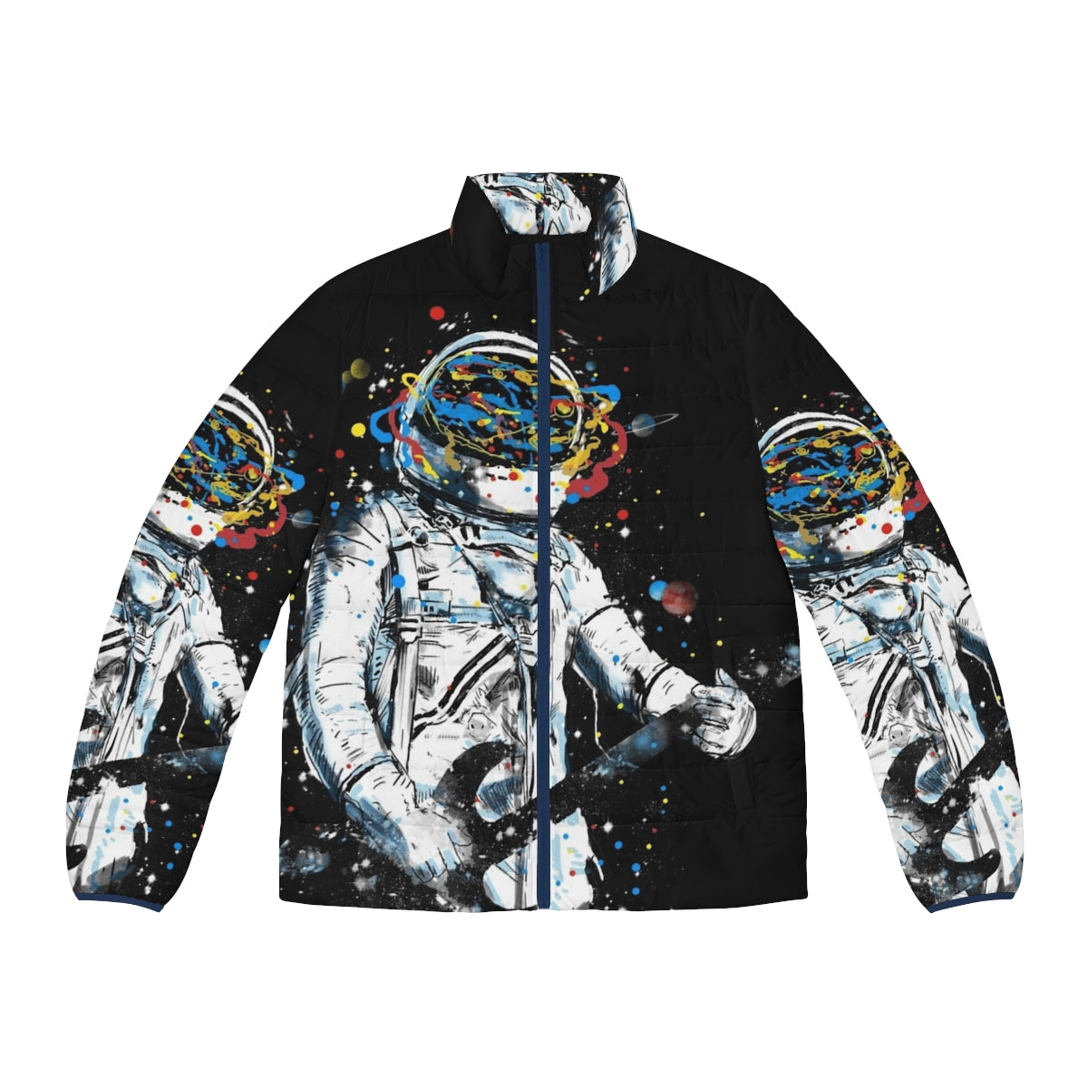 Space guitar puffer jacket with astronaut design