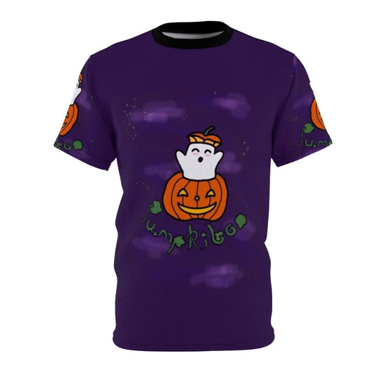 Pumpkin and ghost graphic t-shirt with stars on a purple background