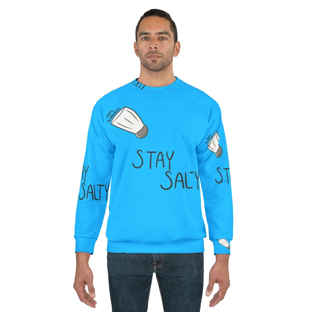 Stay Salty POTS Awareness Sweatshirt featuring a blue design with text - men