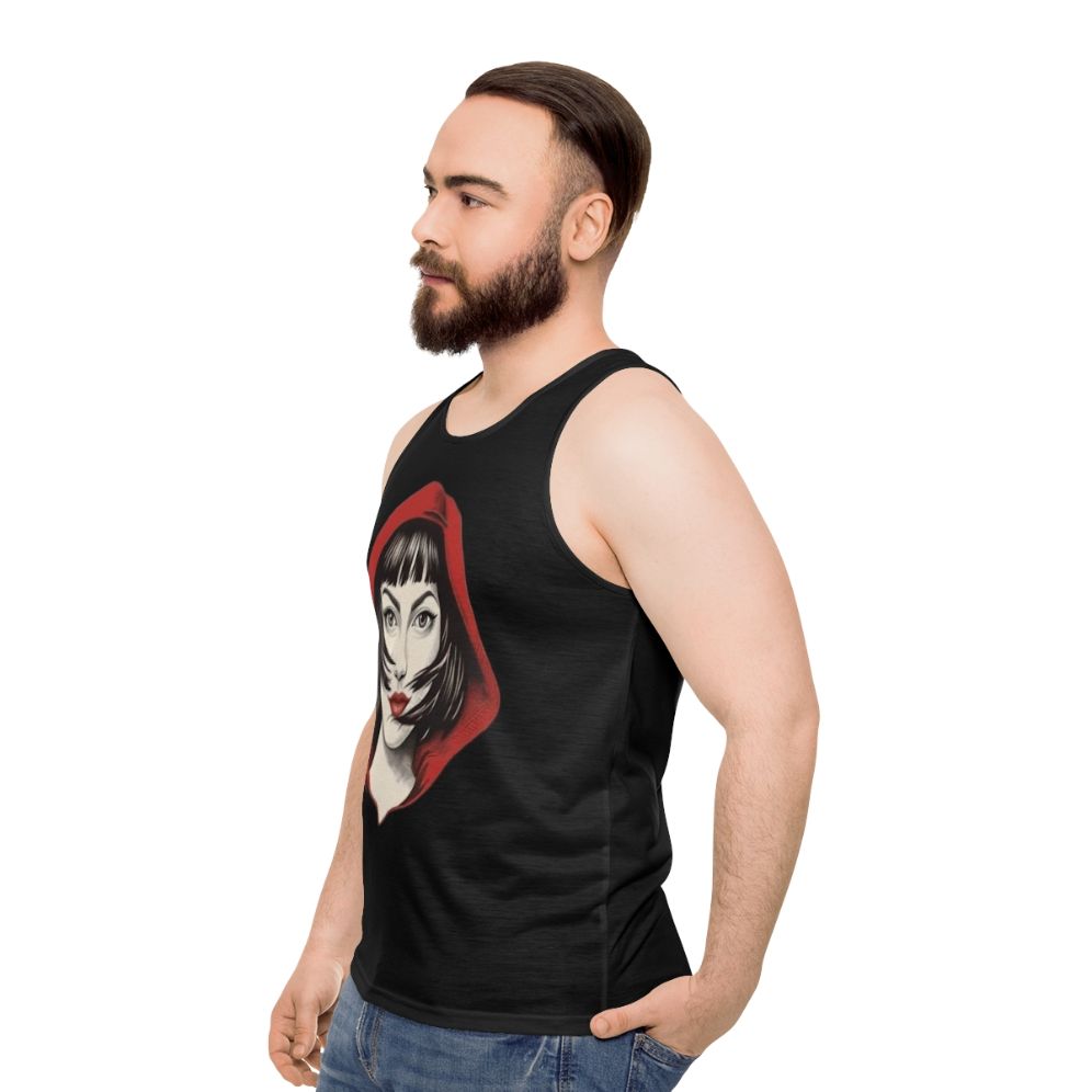 Tokyo Red Hood Unisex Tank Top featuring Money Heist character design - men side