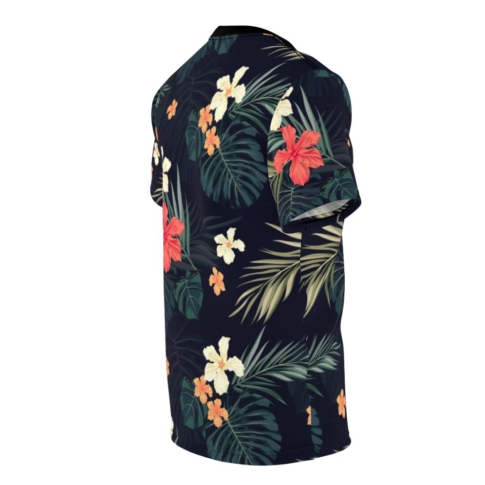 Model wearing a dark t-shirt featuring a tropical floral pattern design. - men right