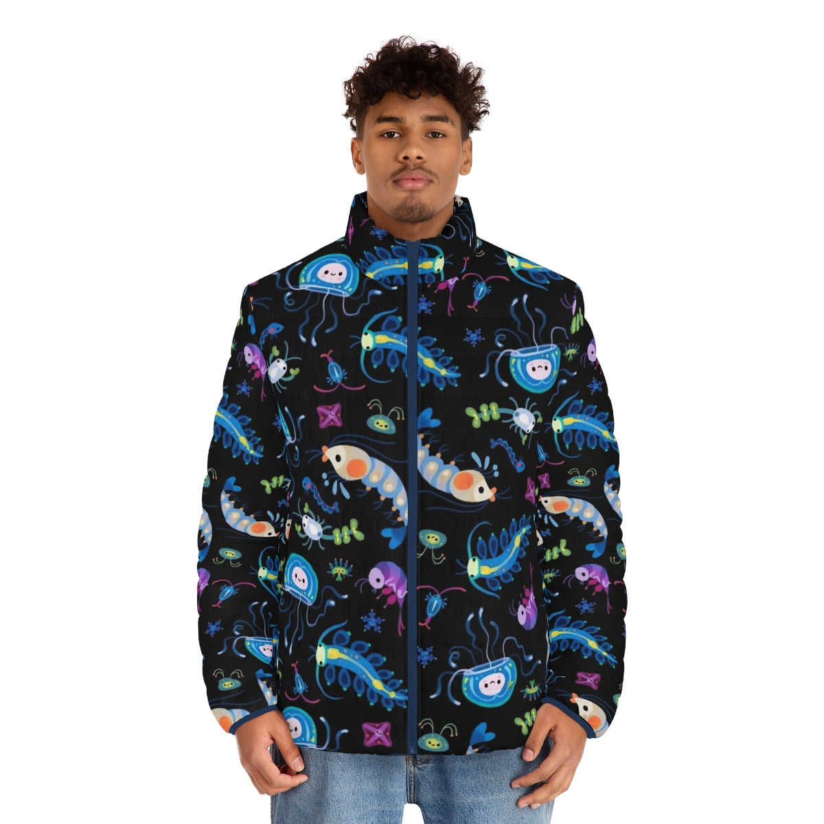 Zooplankton-inspired puffer jacket showcasing the beauty of marine micro-organisms - men front