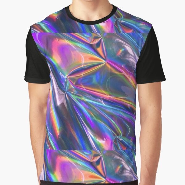 Holographic material graphic t-shirt with iridescent, shiny, and reflective texture