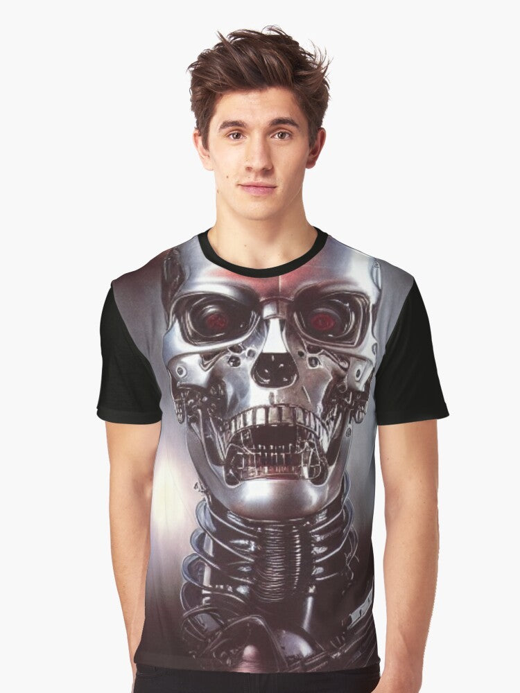 Graphic t-shirt featuring a detailed illustration of the iconic T-800 terminator robot - Men