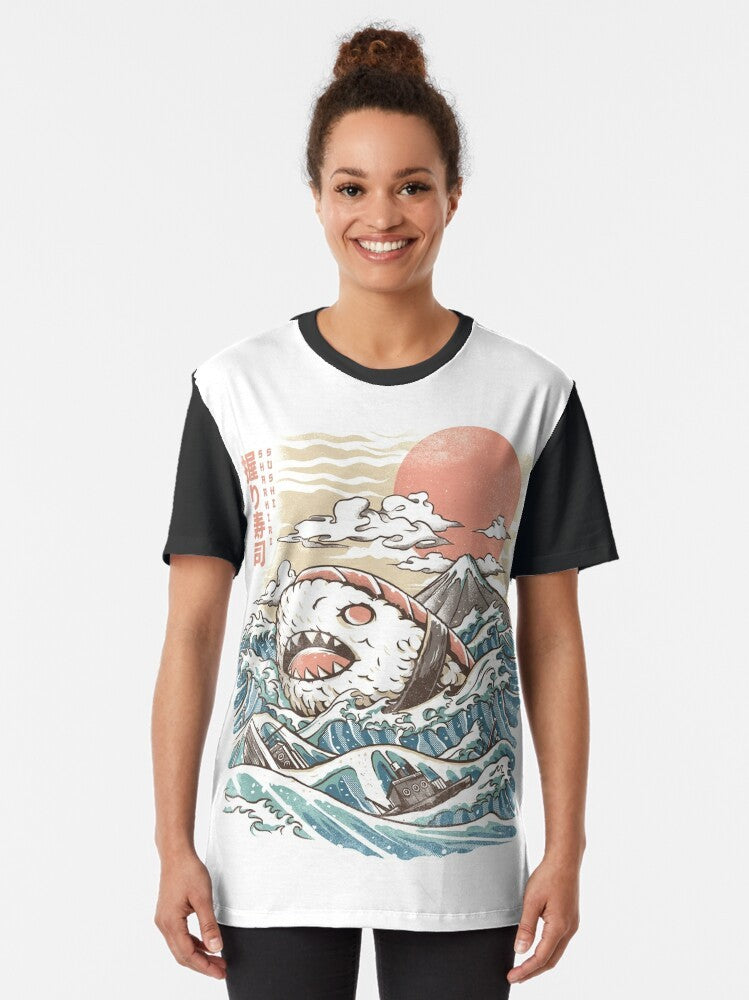 A graphic t-shirt with a sushi shark design inspired by Japanese art and culture. - Women