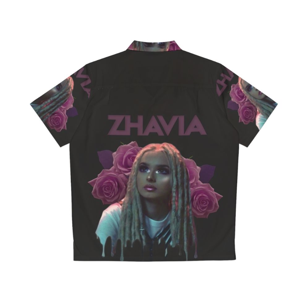 Zhavia Wearing a Tropical Floral Hawaiian Shirt - Back