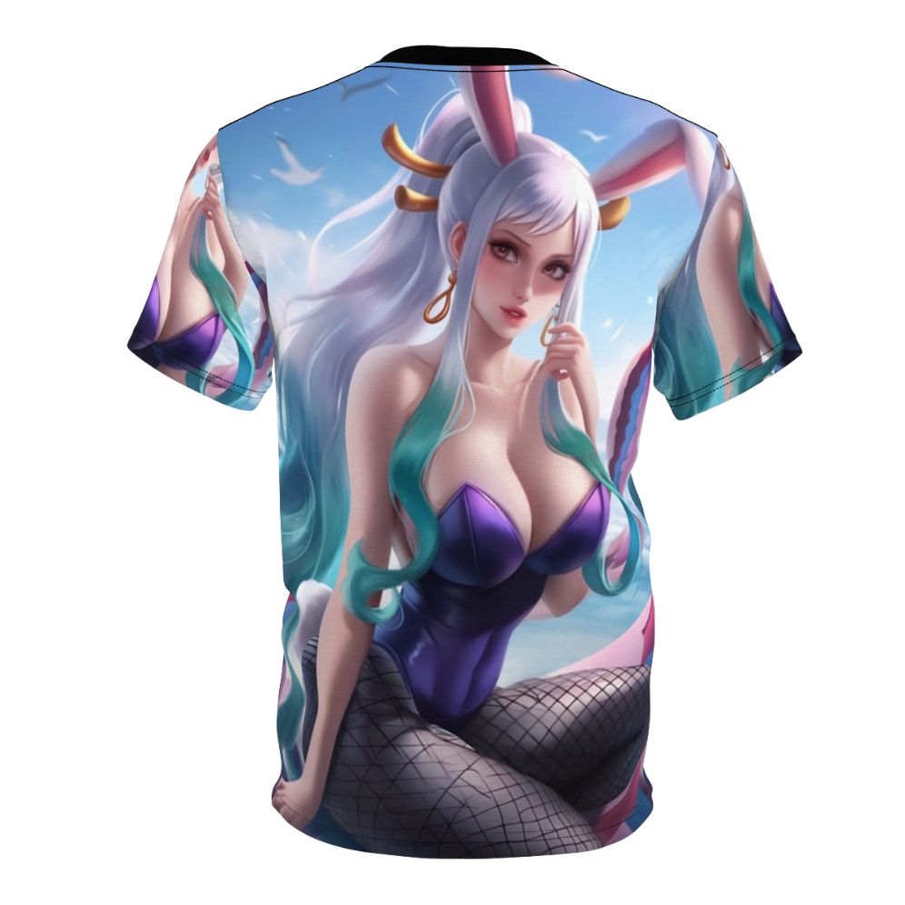 Anime-inspired t-shirt featuring a captivating oni-like character in fishnets and a bunny-themed outfit. - Back