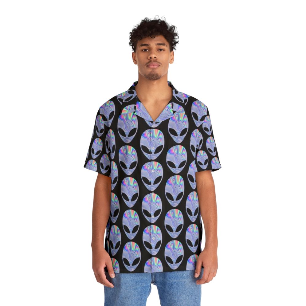 Colorful Hawaiian shirt with alien and space-themed holographic design - People Front