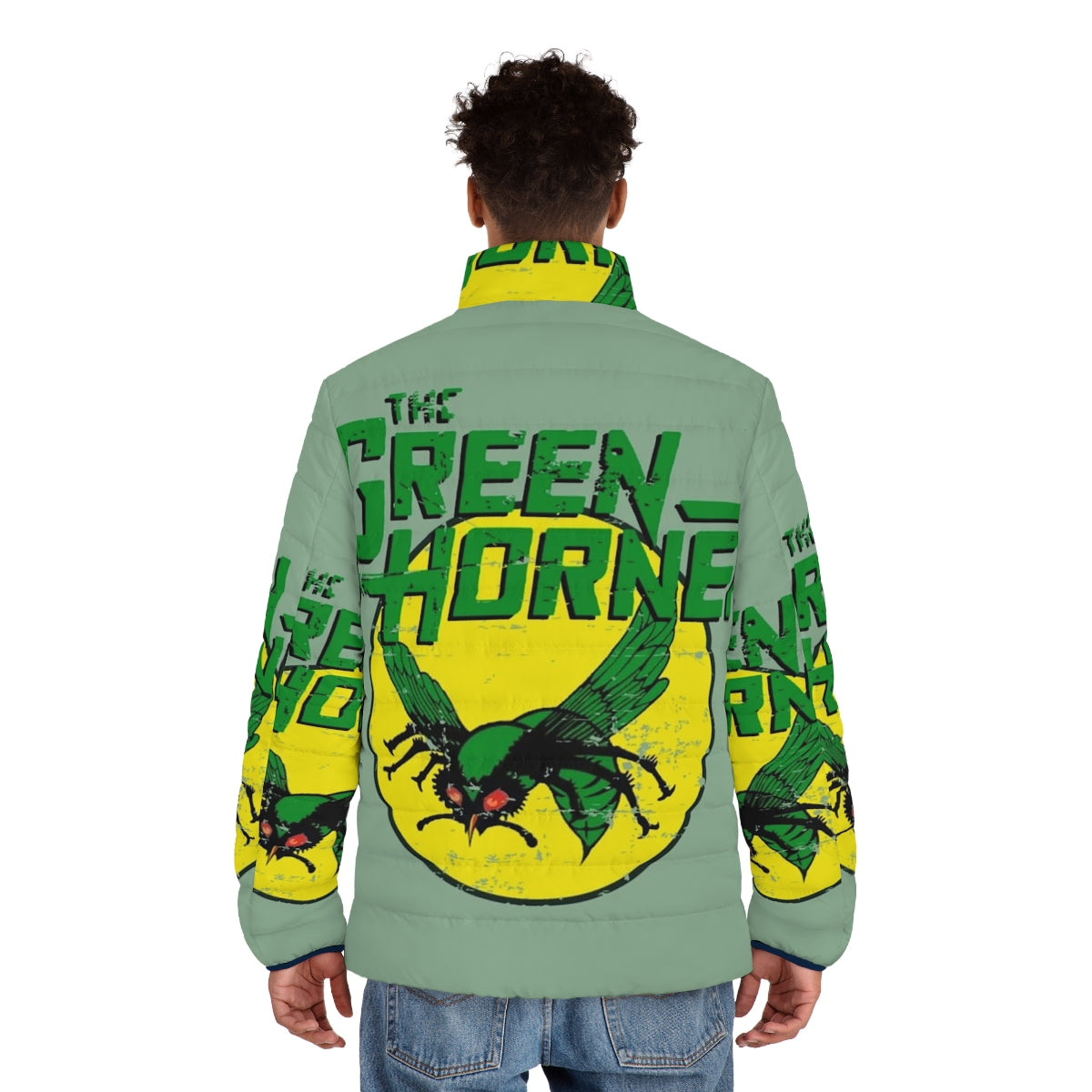 Green Hornet Puffer Jacket with vintage 1960s TV series design - men back