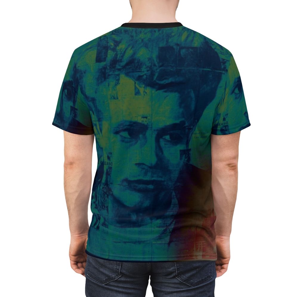 Graphic t-shirt featuring a portrait of classic American actor James Dean in his iconic rebel without a cause role. - men back