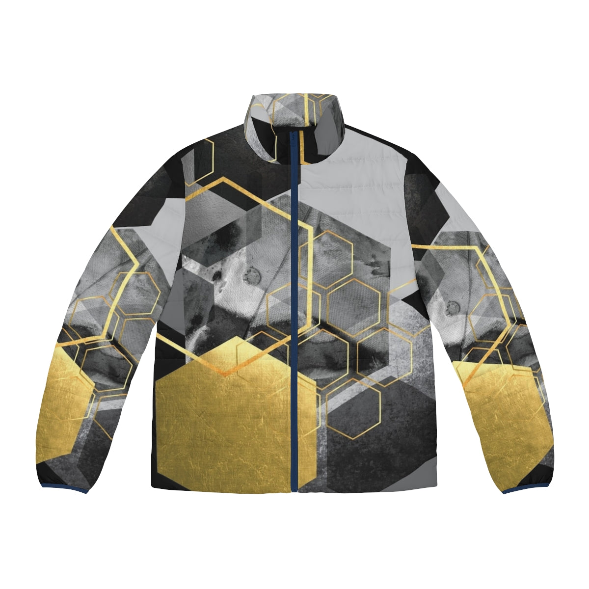 Geometric hexagon pattern puffer jacket with modern abstract art design