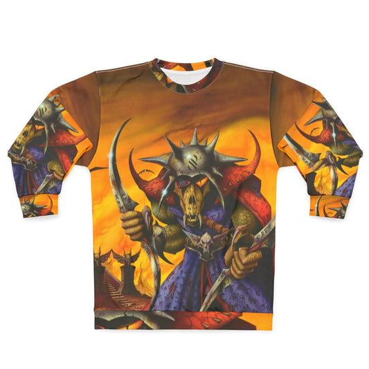 Heavy metal sweatshirt featuring a fiery, villainous fantasy design