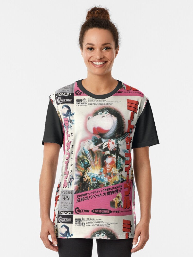 Retro VHS cover graphic t-shirt with "Meet The Feebles" Japanese horror design - Women