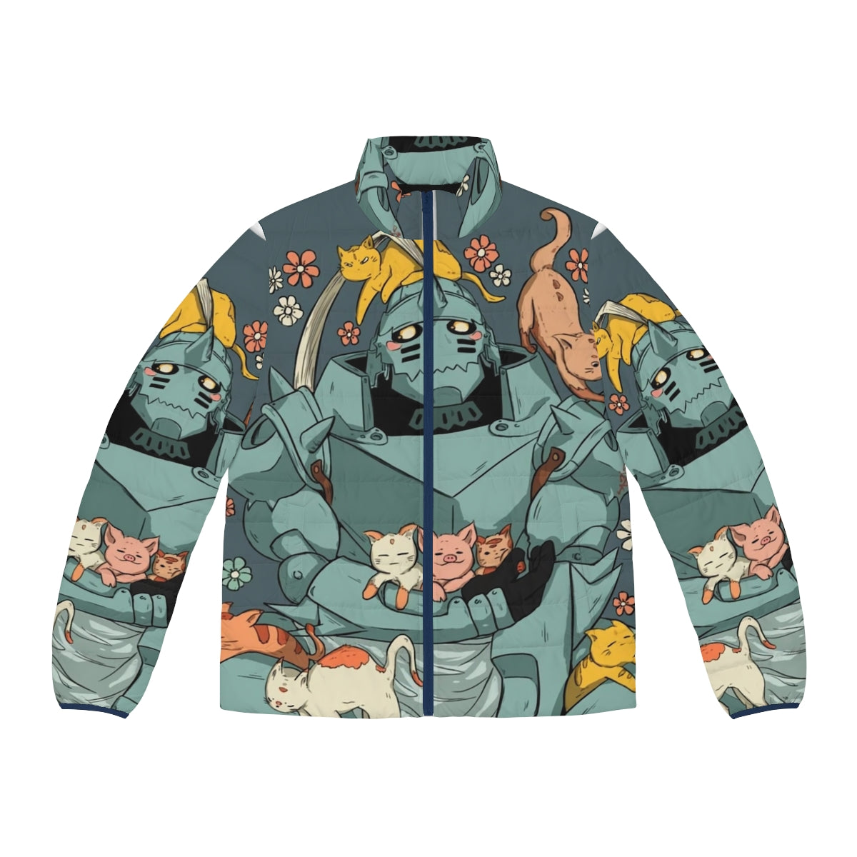 Fullmetal Alchemist inspired puffer jacket with anime graphics