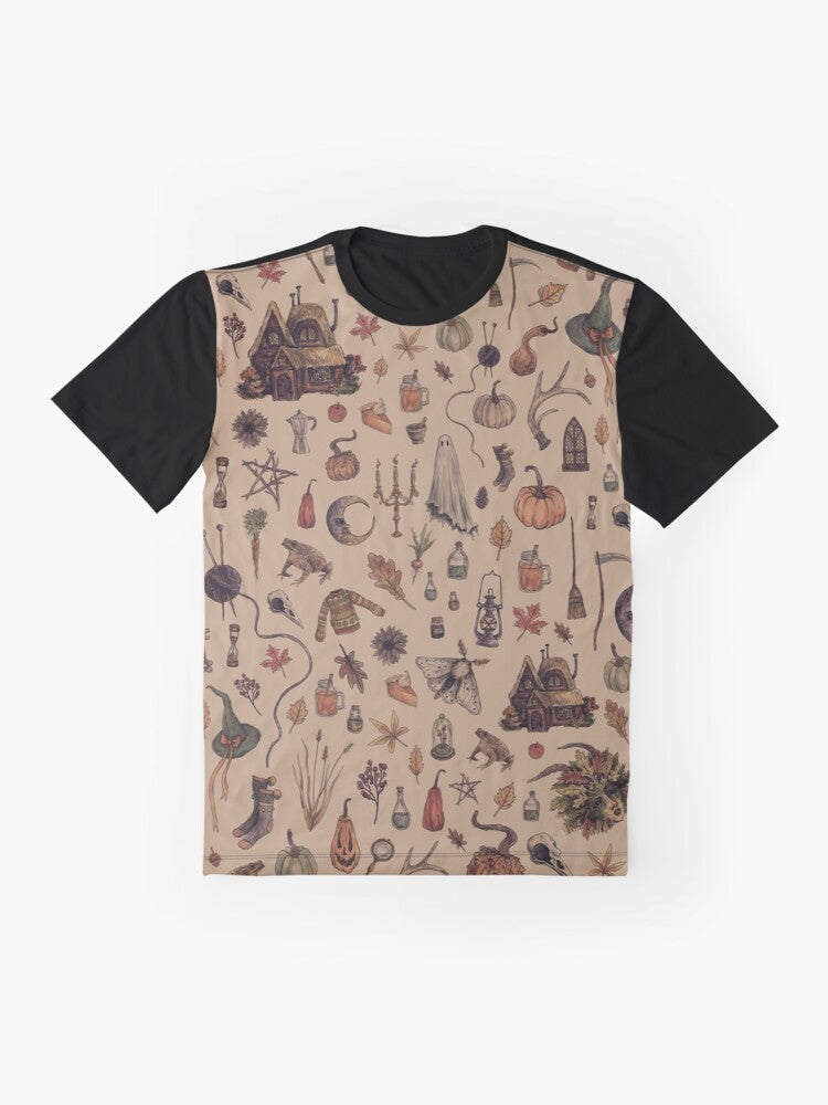 Rustic cozy crone graphic t-shirt with witch, autumn, and nature-inspired design - Flat lay