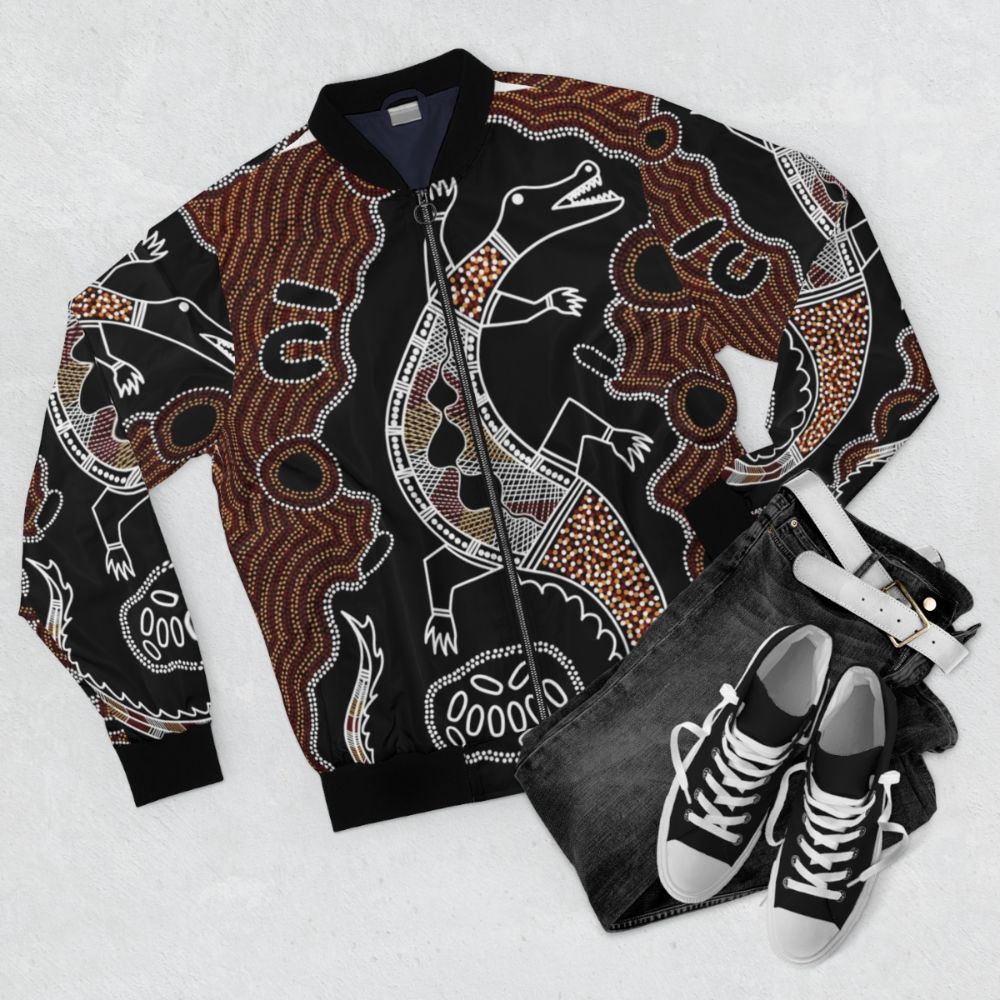 Authentic Aboriginal Art Crocodile Bomber Jacket - Flat lay