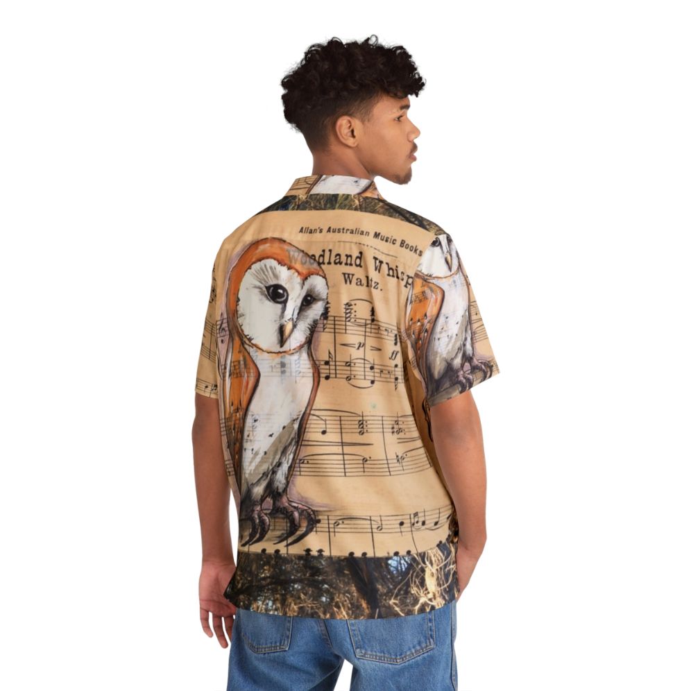 Tropical Hawaiian shirt with a design featuring a barn owl and musical notes in a woodland setting - People Back