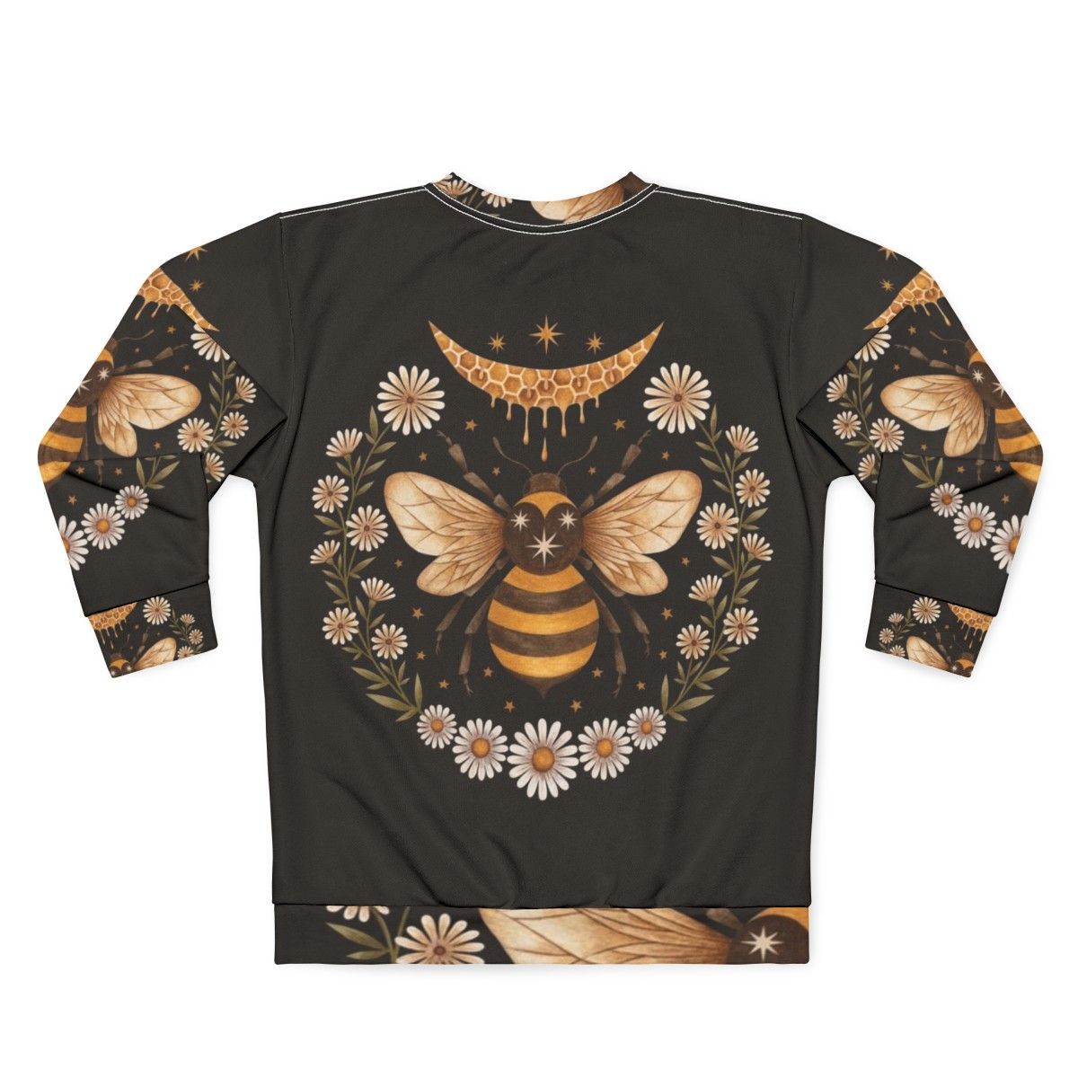 Honey Moon Witch Sweatshirt with Floral Honeycomb and Crescent Moon Design - Back