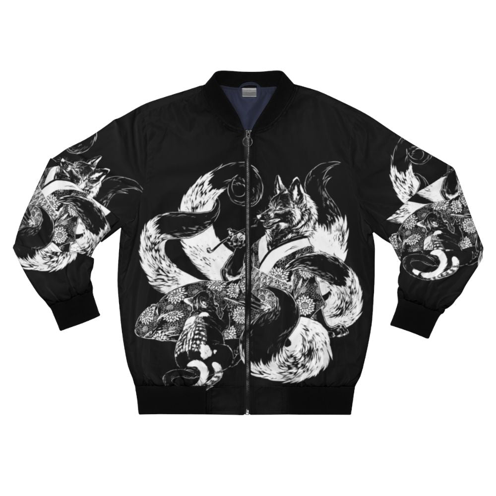 Inverted bomber jacket with a design featuring a nekomata (two-tailed cat) and a kitsune (fox)