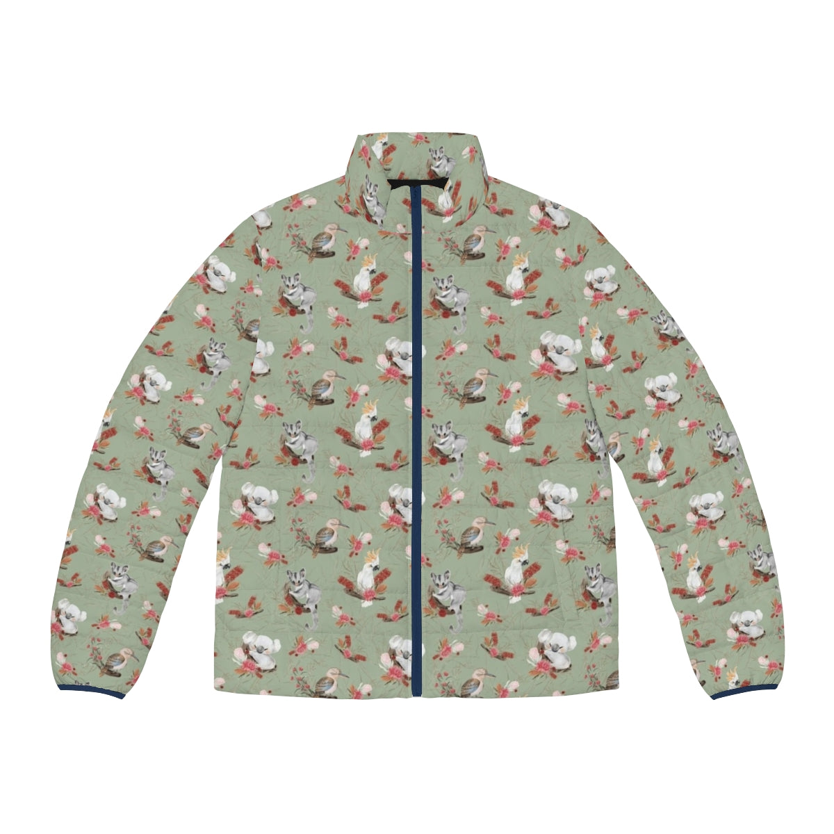 A vibrant puffer jacket featuring Australian native flora and fauna, including eucalyptus, kookaburras, and koalas.