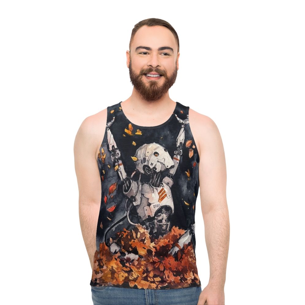 Autumn Fun Unisex Watercolor Tank Top with Nature Robot Design - men