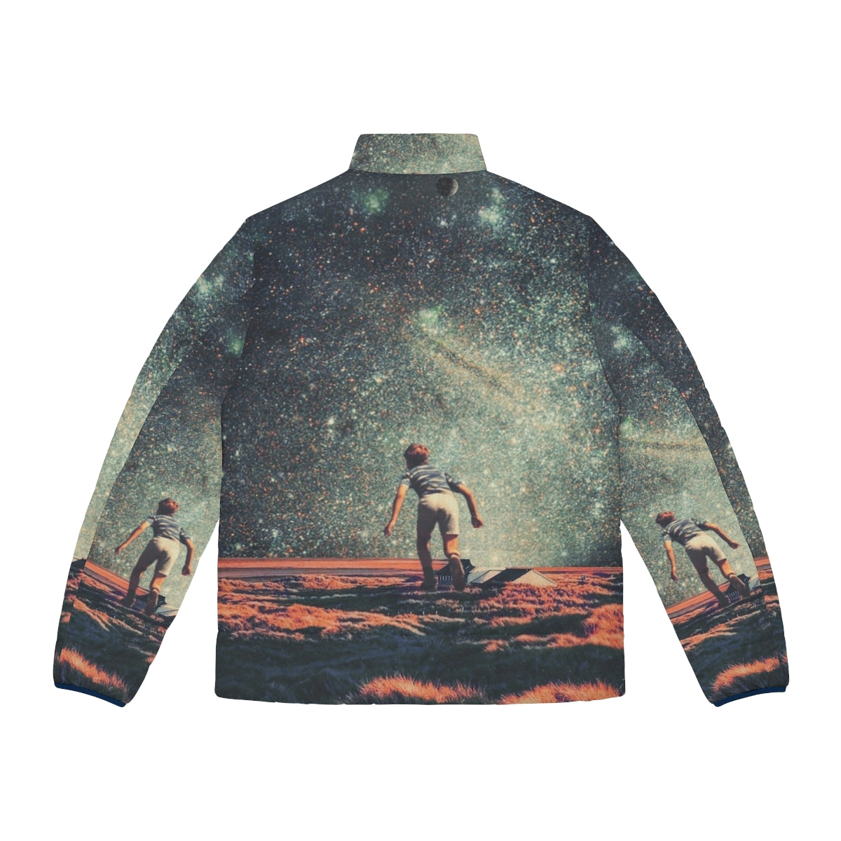 Nostalgic retro puffer jacket with pop art cosmic landscape design - Back