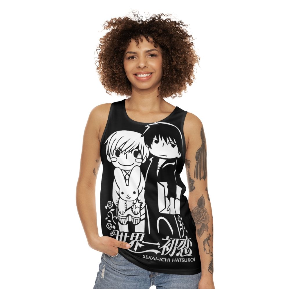 Unisex anime tank top featuring characters from the BL manga Sekai Ichi Hatsukoi - women