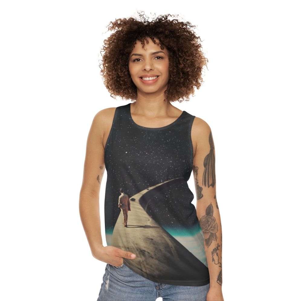 Vintage graphic unisex tank top with surreal space illustration - women