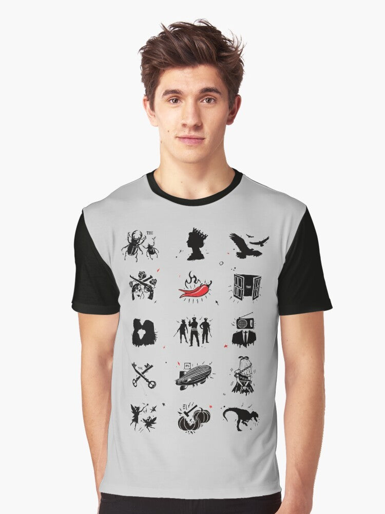 A graphic t-shirt featuring the logos and artwork of iconic rock bands from the 60s, 70s, 80s, and 90s. - Men