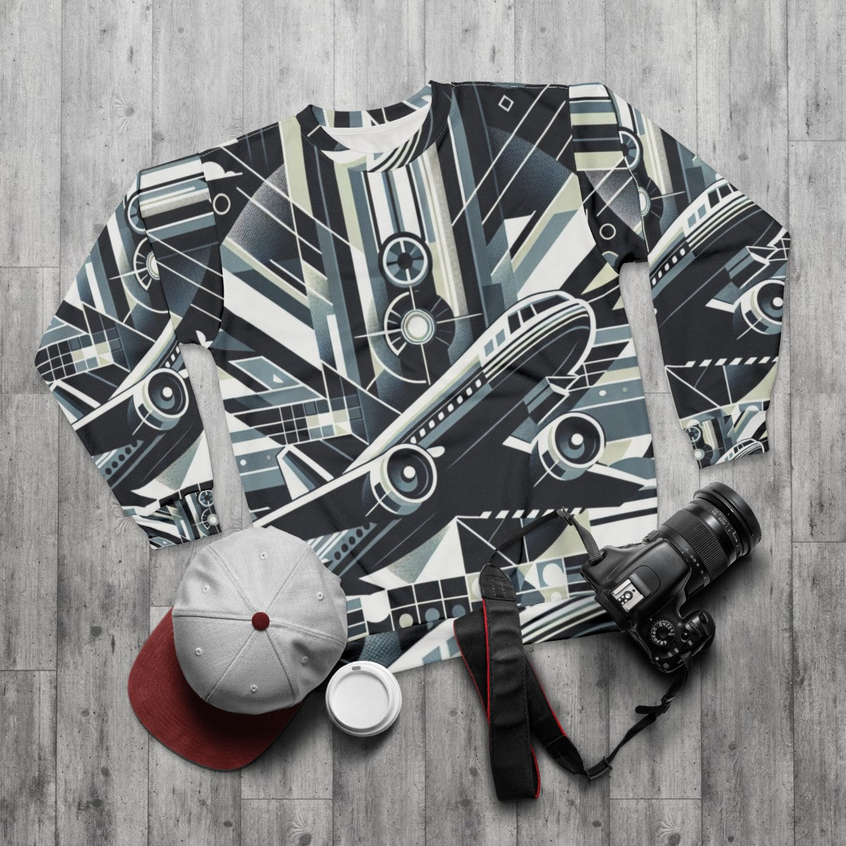 Skyward bound sweatshirt with aviation inspired abstract technology design - flat lay