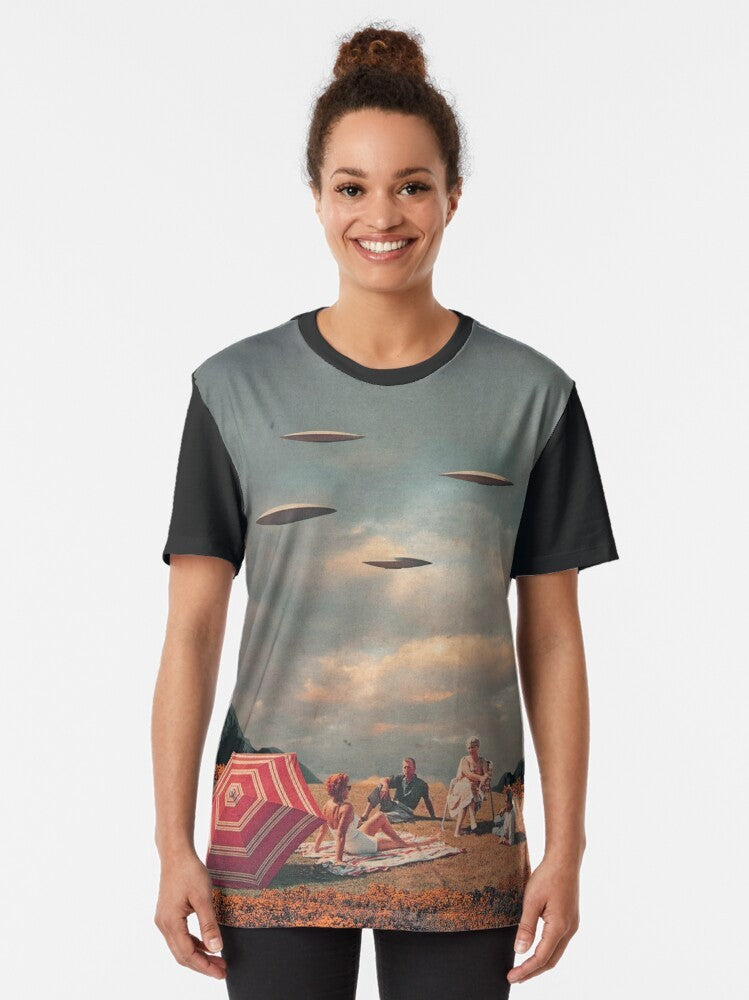 Vintage, retro future graphic t-shirt design featuring a surreal collage of a spaceship, mountains, clouds, and people in a colorful, 1960s-inspired style. - Women