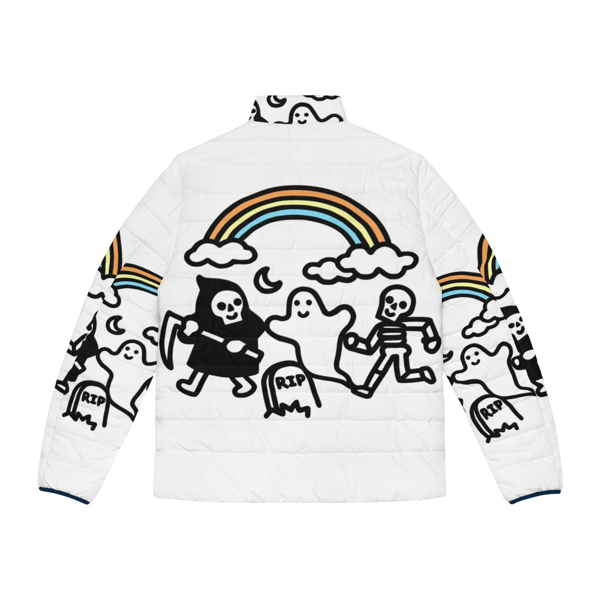 Spooky puffer jacket with skulls, ghosts, and rainbows - Back