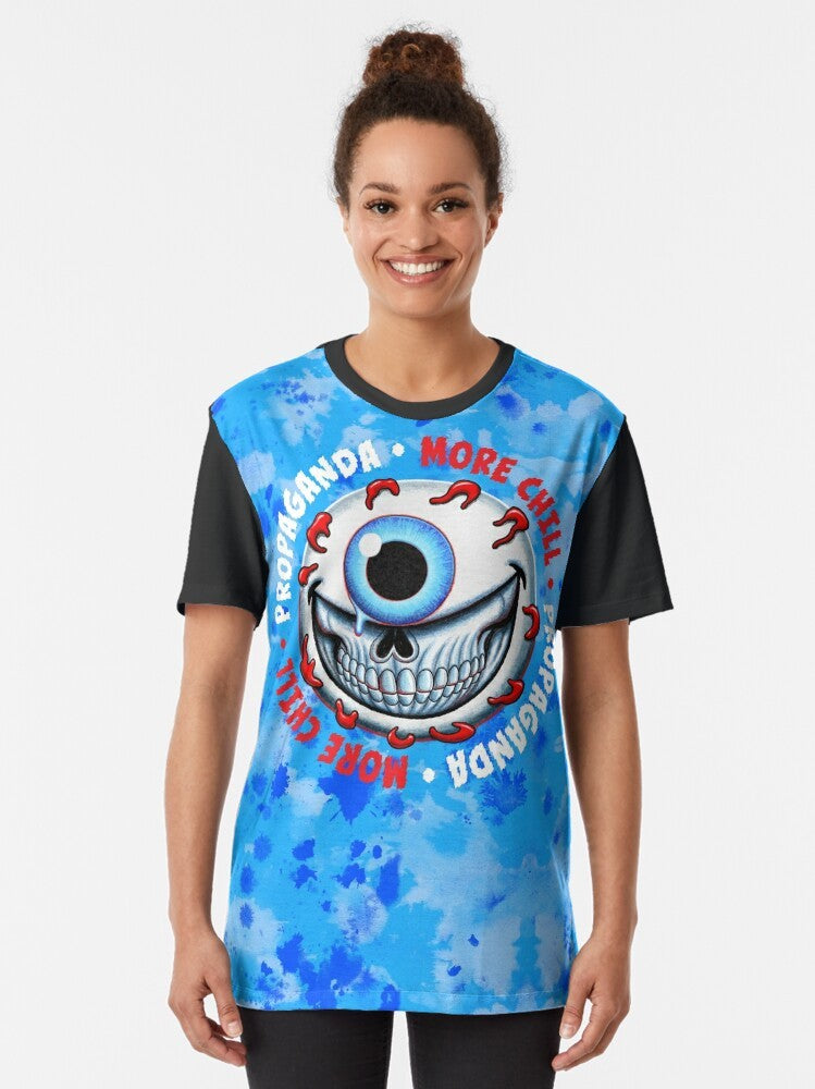 Chill Goranski Graphic T-Shirt featuring a crazy grinning eyeball design, inspired by the More Chill musical - Women