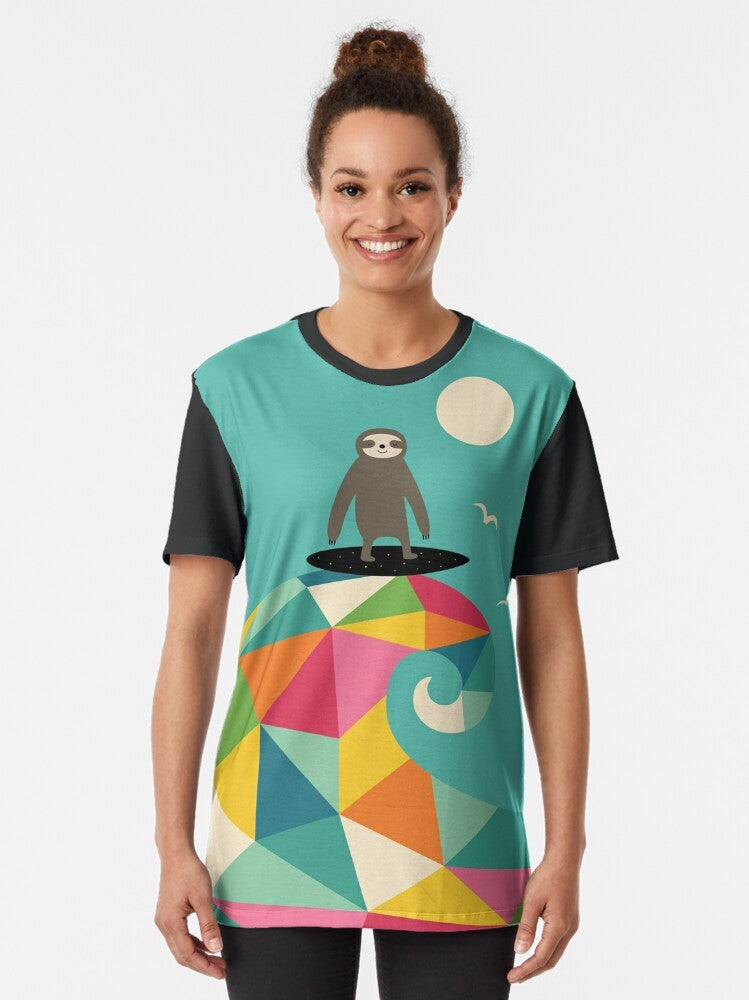 Surfer sloth with colorful geometric and rainbow designs on a graphic t-shirt - Women