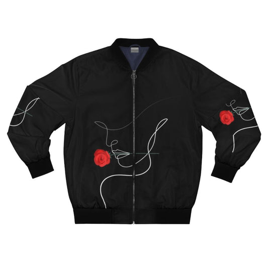 One line art bomber jacket featuring a minimalist design of a woman with a rose