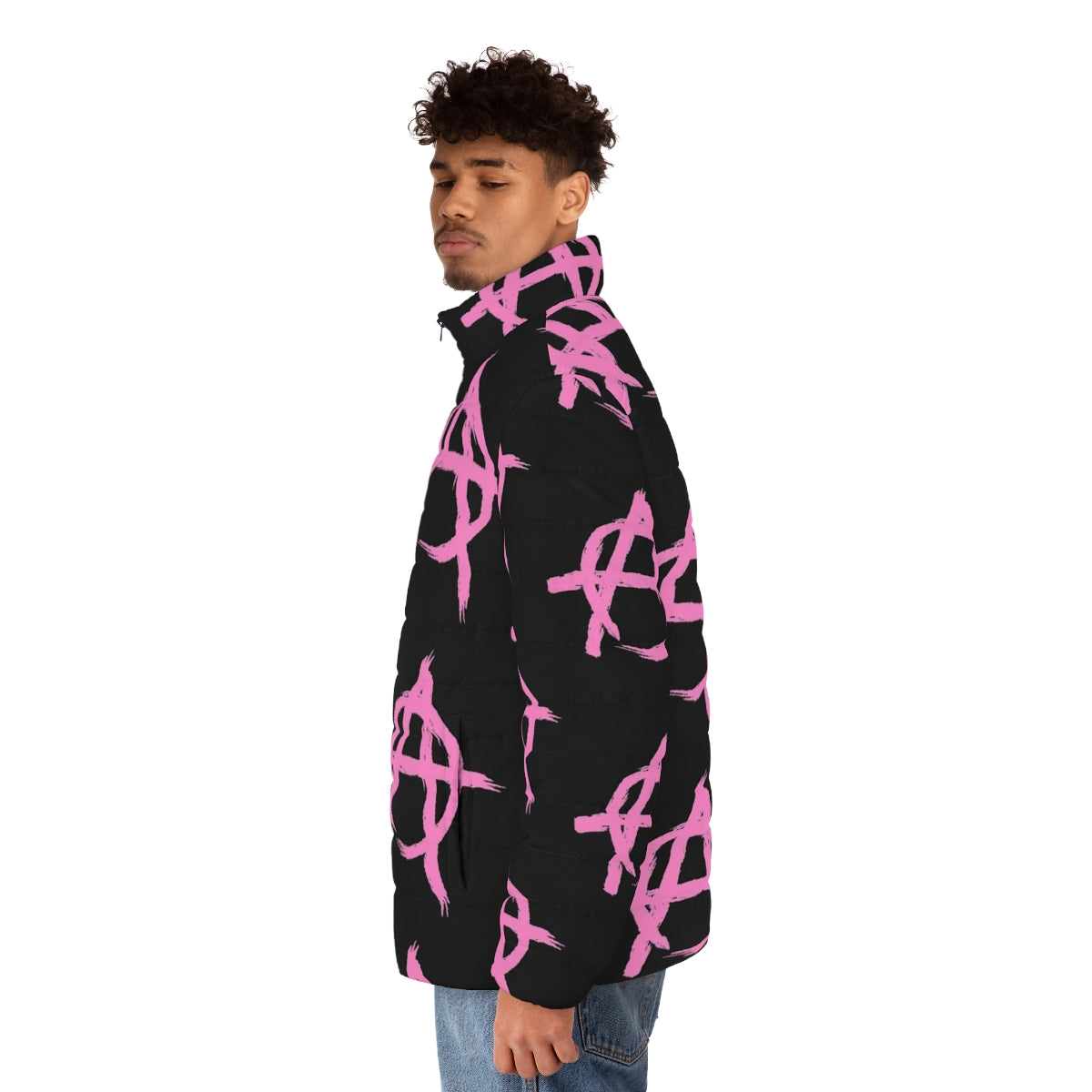 Pink Anarchy Puffer Jacket inspired by Machine Gun Kelly's "Tickets to My Downfall" album - men side left