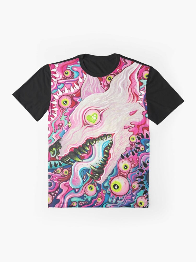 A colorful, glittery t-shirt with a graphic design featuring a wolf with pastel eyes, spikes, and a trippy, aesthetic style. - Flat lay