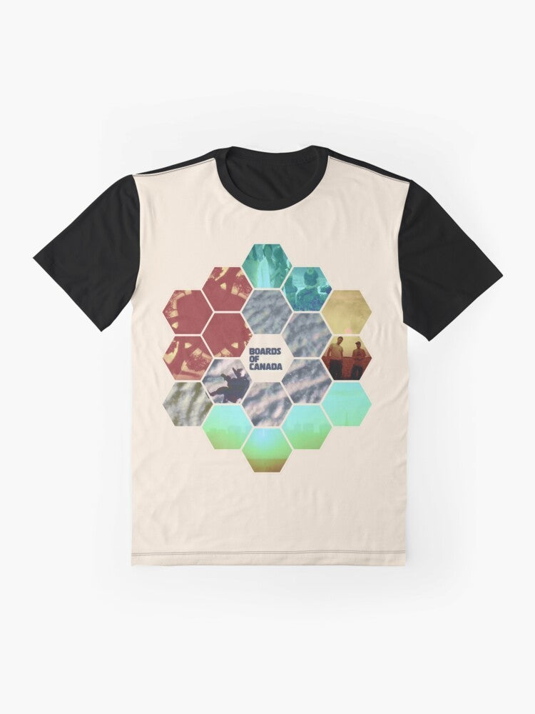 Boards of Canada Hexagon Sun Graphic T-Shirt with turquoise and green design - Flat lay