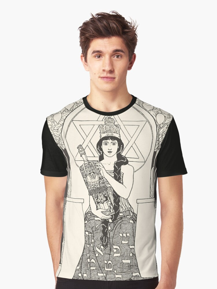 Graphic t-shirt featuring "The Queen of Sabbath" artwork by Ephraim Moses Lilien, a Jewish artist from the late 19th/early 20th century. - Men