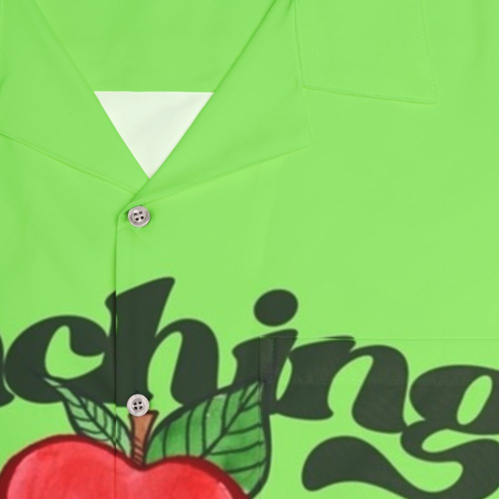 Teacher wearing a Hawaiian shirt with "Teaching Is My Jam" design - Detail