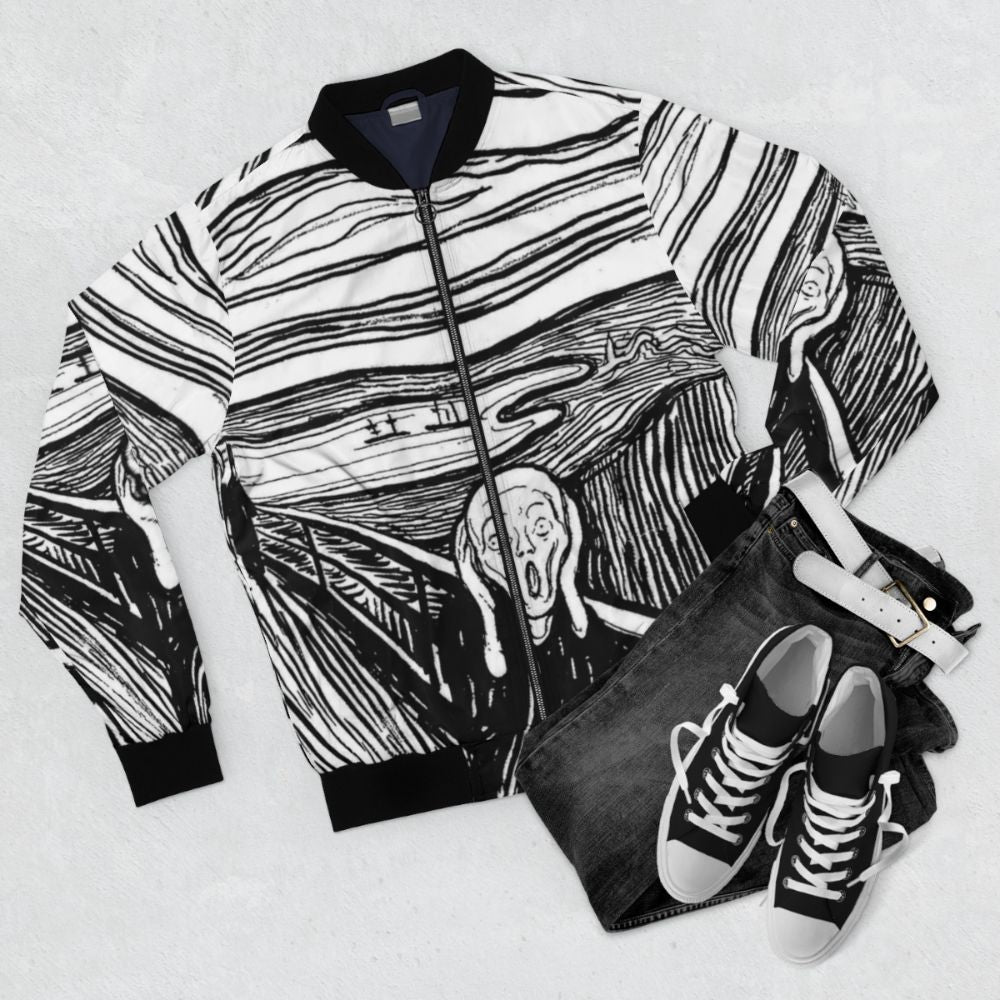 Bomber jacket featuring Edvard Munch's iconic expressionist painting "The Scream" - Flat lay